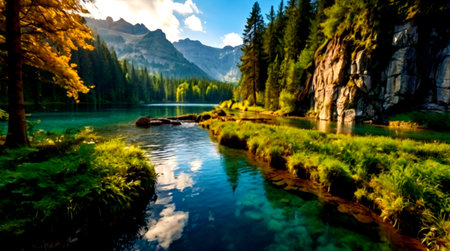 panoramic view of beautiful alpine lake with crystal clear waterの写真素材