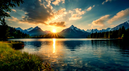 Sunset over the lake with mountains in the background, Canadian Rockiesの写真素材