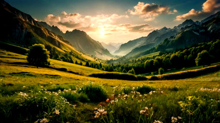 panoramic view of alpine meadow at sunset in summer