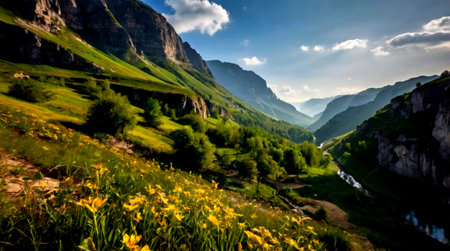 Summer landscape with wildflowers in the mountains. Panoramic viewの写真素材