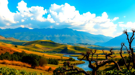 Panoramic view of hills and riverの写真素材