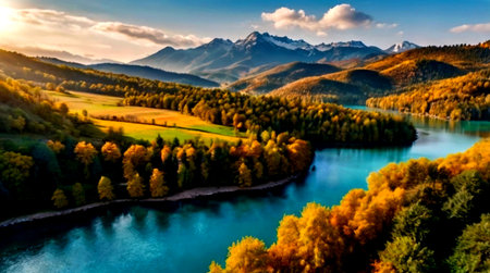 Beautiful autumn landscape with mountain river and forest. Aerial view.の写真素材