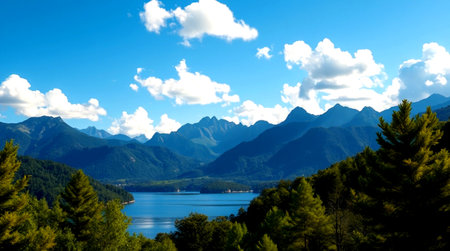 panoramic view of the lake and mountains under the blue skyの写真素材