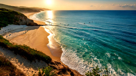 Panoramic view of the beach at sunset.の写真素材
