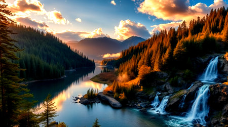Waterfall in the mountains at sunset. Mountain landscape with lake and forest.