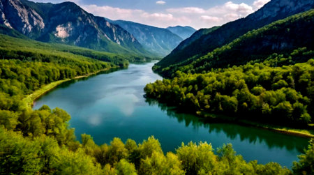 Panoramic view of the river in the mountains. Beautiful summer landscape.の写真素材