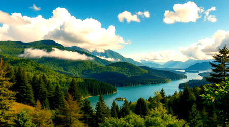 Panoramic view of the lake and forest in the mountains.