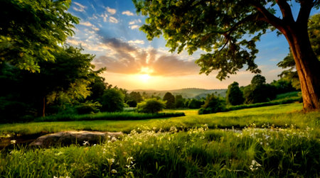Beautiful summer landscape with meadow and sunset. Panoramic viewの写真素材