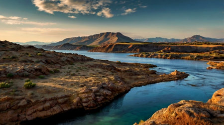 Beautiful panoramic view of the lake and mountains at sunset.の写真素材