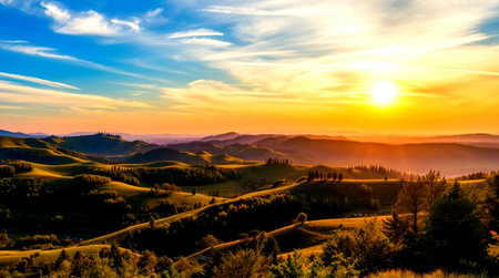 Beautiful sunset in Tuscany, Italy. Landscape with rolling hillsの写真素材