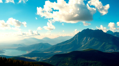 Mountain landscape with blue sky and clouds. Panorama view.の写真素材