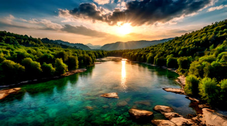 Panoramic view of the mountain river at sunset. Beautiful summer landscape.の写真素材