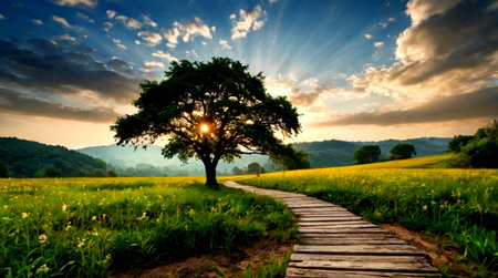 Sunset in the mountains with a tree and meadow with flowersの写真素材