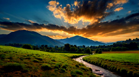 Beautiful sunset over the river in the mountains. Summer landscape.の写真素材