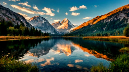 Mountain lake with reflection of the sky and clouds in the water