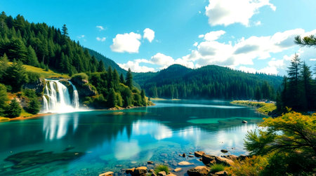 Beautiful turquoise lake with a waterfall in the mountains.の写真素材