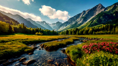 Panoramic view of a mountain river in the mountains. Summer landscape.の写真素材