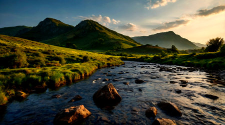 Mountain river at sunset, Scotland, UK. Beautiful landscape.
