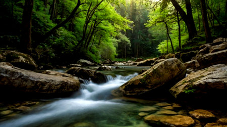 Mountain stream in the green forest. Panoramic view.