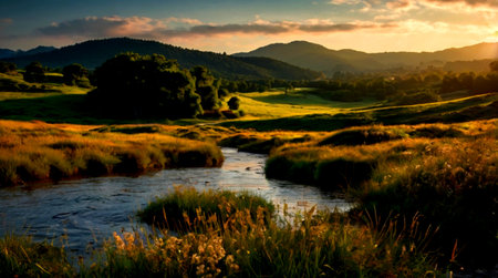 Sunset over a small river in the Carpathian mountains.の写真素材