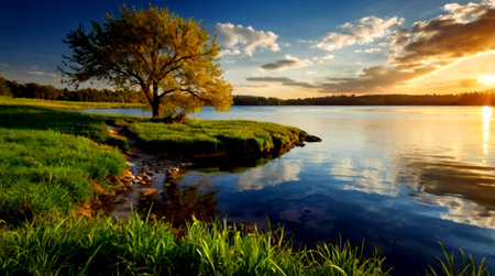 Beautiful landscape with a lake and a tree at sunset. Toned.の写真素材