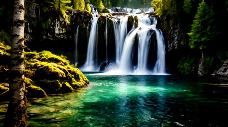 Panoramic view of the waterfall in the forest. Beautiful summer landscape.の写真素材
