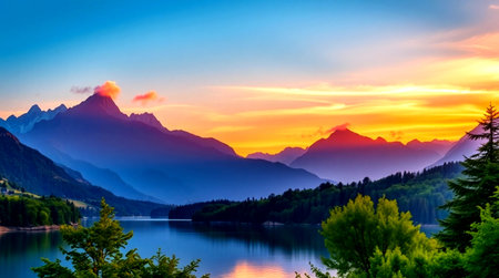 Sunset over the lake in the Alps.の写真素材
