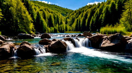 Waterfall in the mountain river. Beautiful landscape. Mountain river.の写真素材