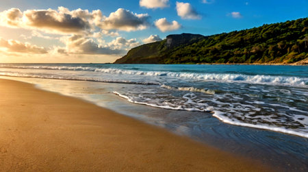 Panorama of a beautiful beach at sunset on the island of Sardiniaの写真素材