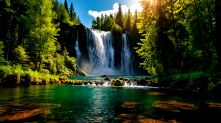 Beautiful waterfall in the middle of the forest. Summer landscape.