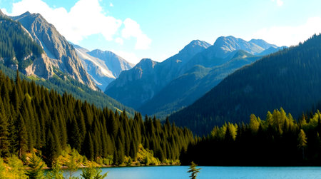 Mountain lake with clear blue water and coniferous forest.