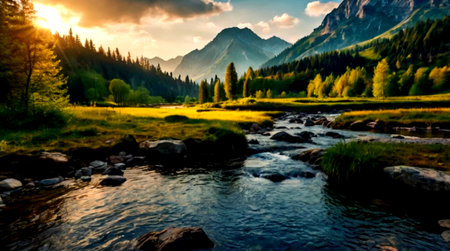 panoramic view of a mountain river at sunset. beautiful nature sceneryの写真素材