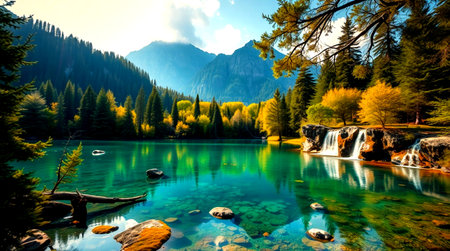 Beautiful alpine lake with crystal clear turquoise water in autumn seasonの写真素材