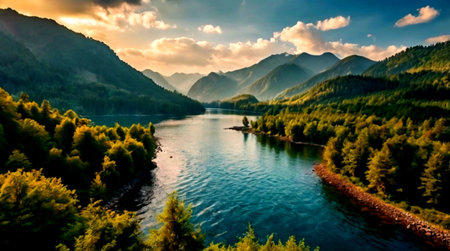 Panoramic view of the Katun river, Altai Republic, Russiaの写真素材