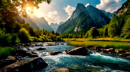 Mountain river in the Alps. Panoramic view of the mountain river.
