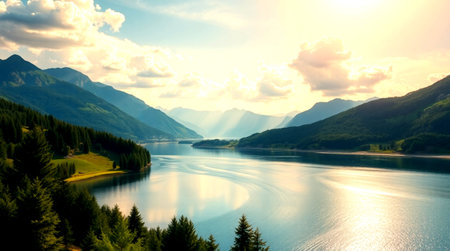 Panoramic view of the lake in the mountains at sunset.