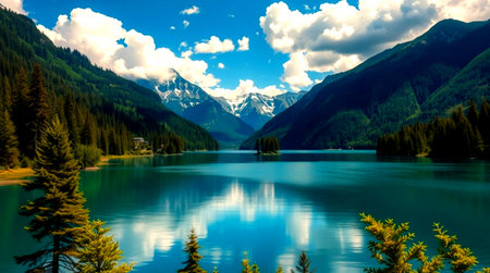 Beautiful mountain lake with reflection in the water and clouds in the sky