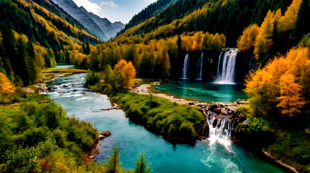 Waterfall in the mountains. Panoramic view of the mountain river and the forest.の写真素材