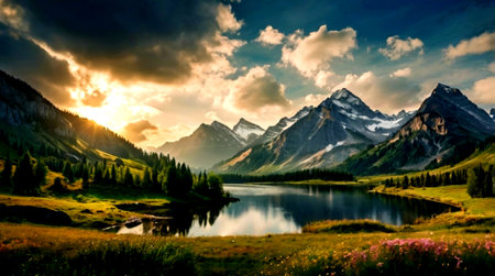 Beautiful alpine landscape with lake and mountains at sunset time.の写真素材