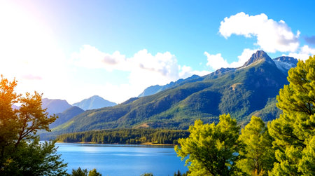 Panoramic view of a mountain lake with forest and blue sky