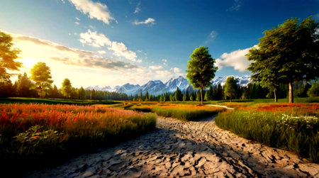 panoramic view of alpine meadow and mountains at sunset
