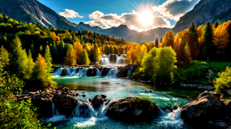 Autumn alpine landscape with waterfalls and forest at sunset.の写真素材