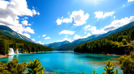 Panoramic view of beautiful turquoise lake in the mountainsの写真素材