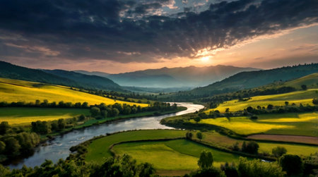 Panoramic view of a beautiful landscape with a river and cloudsの写真素材