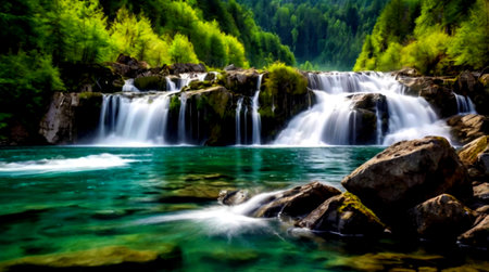 Waterfall in the forest. Beautiful summer landscape with waterfall in the forest.の写真素材