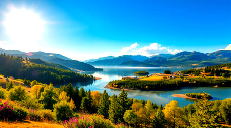 Landscape with lake, mountains and blue sky. Nature composition.の写真素材