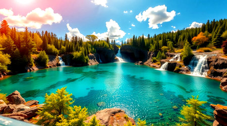 Waterfall in the mountains. The concept of active and photo tourism