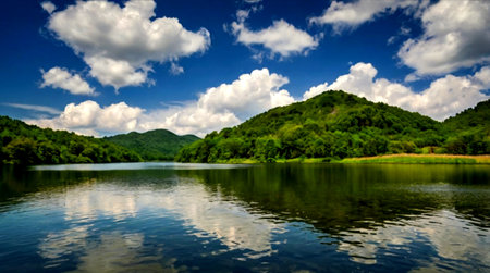 Lake in the mountains under the blue sky with white clouds and reflection.の写真素材