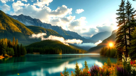 Sunset over turquoise mountain lake in the Canadian Rockies.