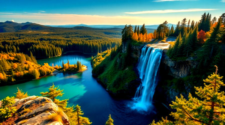 Beautiful autumn landscape. Waterfall on the river in the mountains.の写真素材